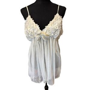 Flora Ivory Sheer Babydoll Lingerie Set XL Floral Applique Mesh Chemise